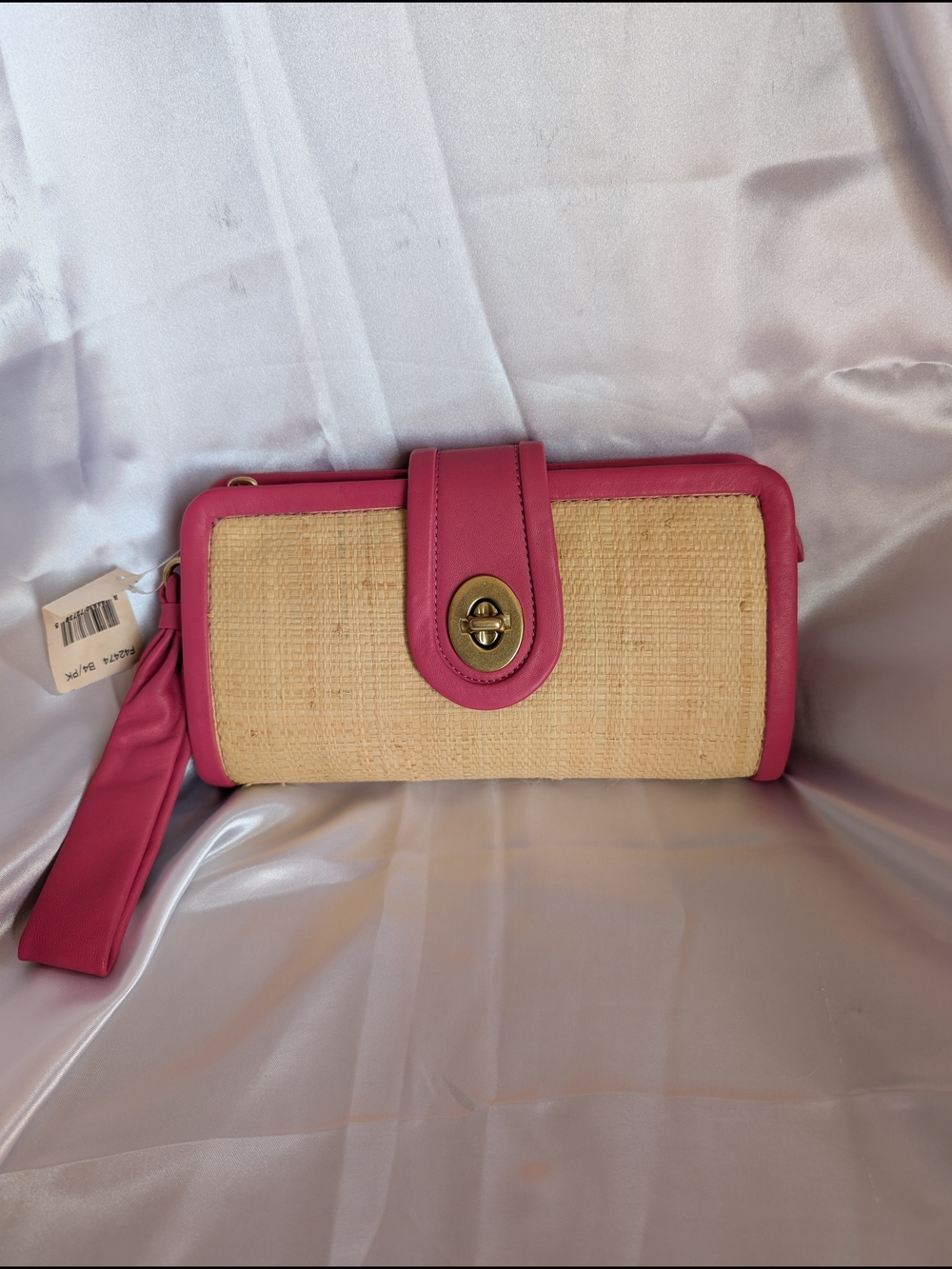 Coach Parker Straw & Pink Leather Turnlock Clutch Wristlet #42474 - Picture 4 of 6